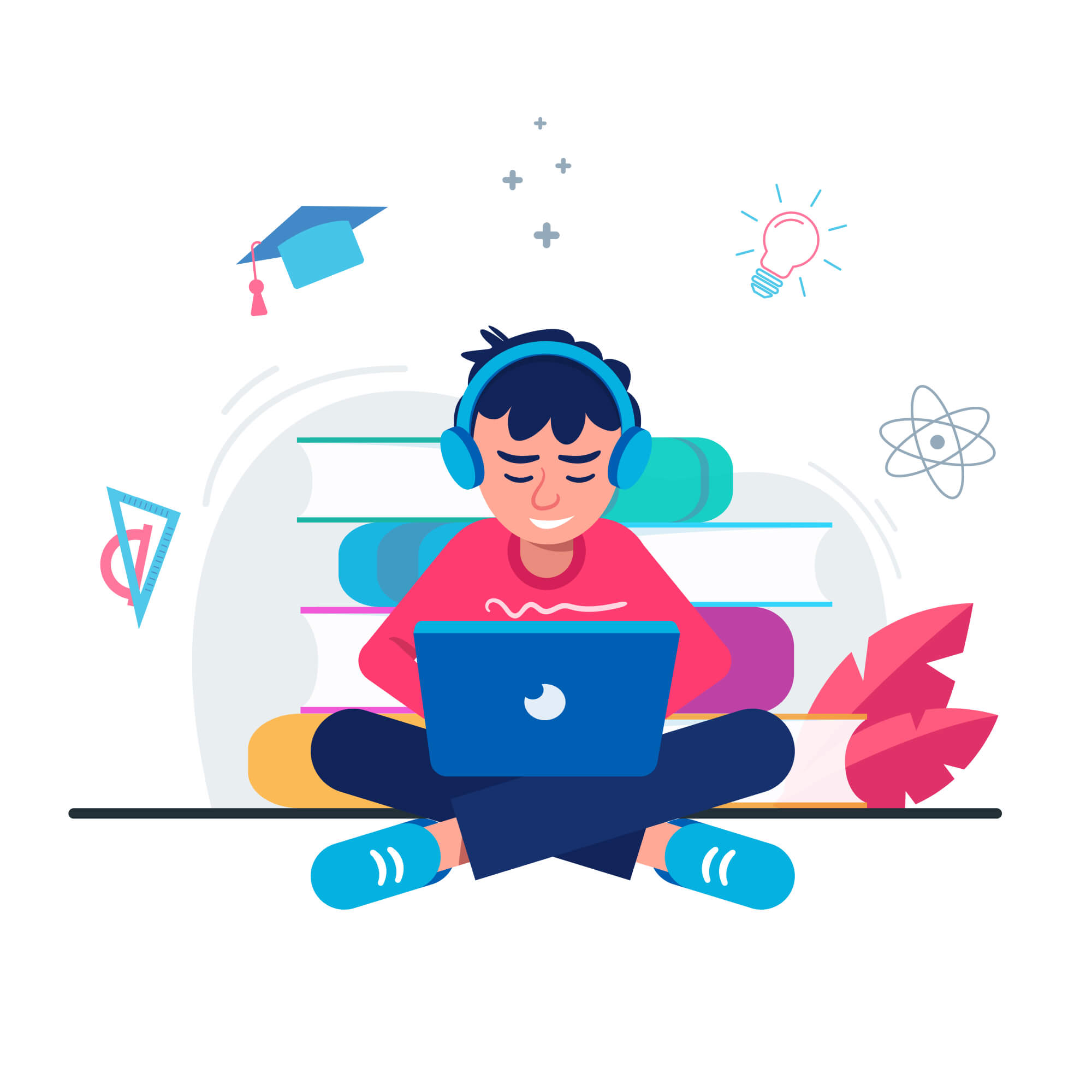 A boy studying with the laptop concept illustration