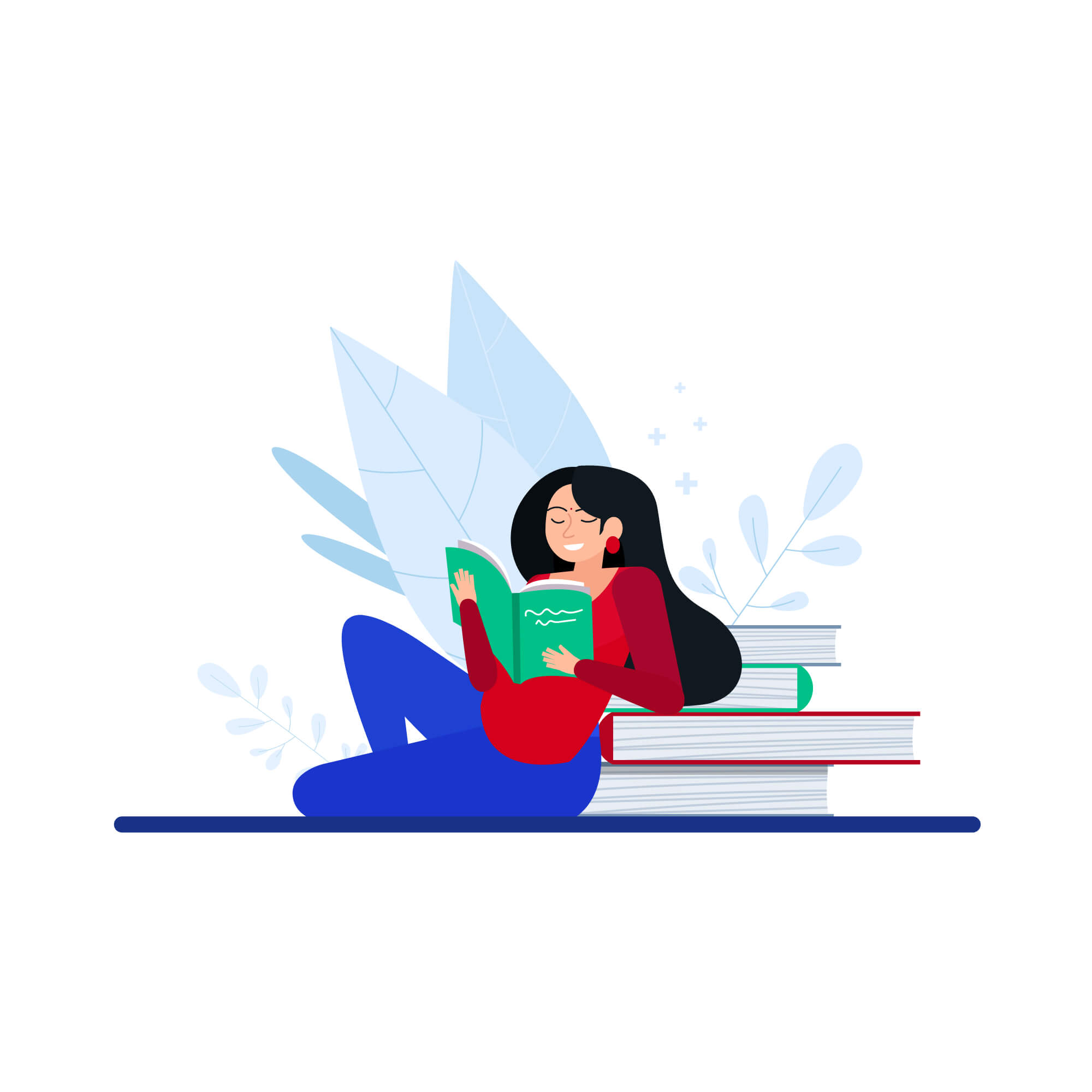 A girl reading books sitting on the floor illustration