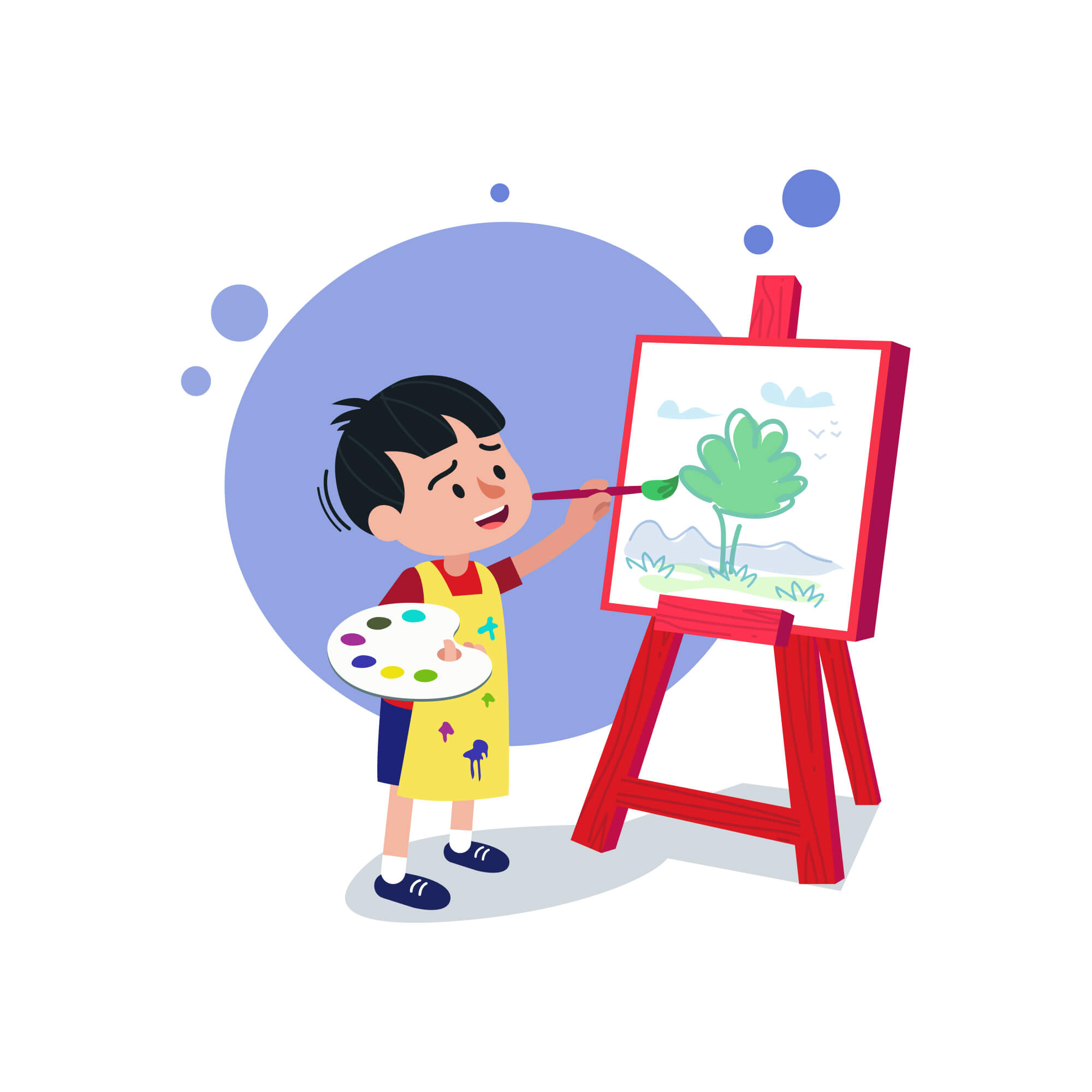 A kid painting a tree drawn on the board illustration