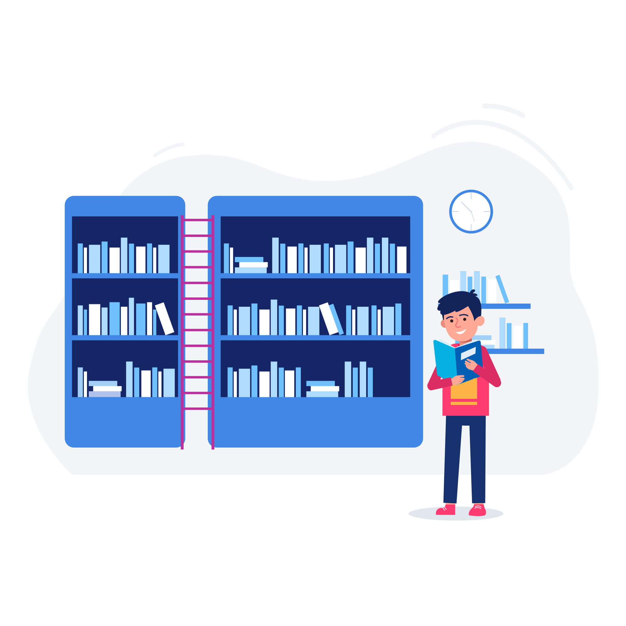 A student referring to a book in the library illustration