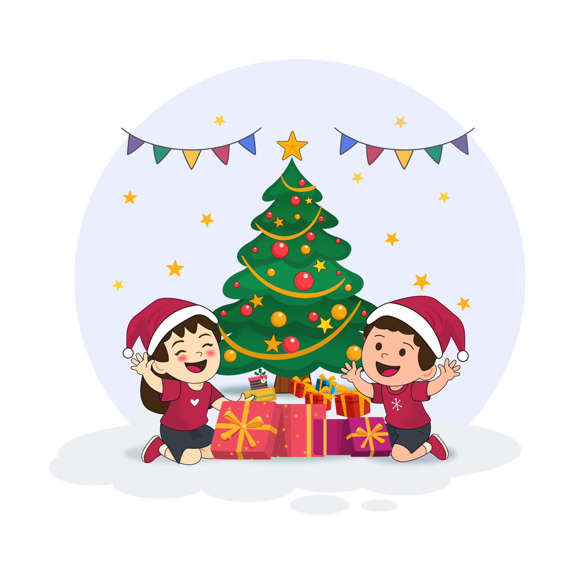 Christmas Joy Kids with Presents and a Festive Tree Illustration