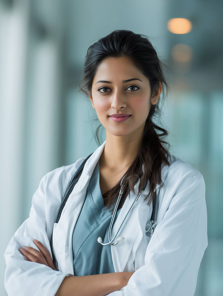 Confident female doctor portrait in modern medical setting