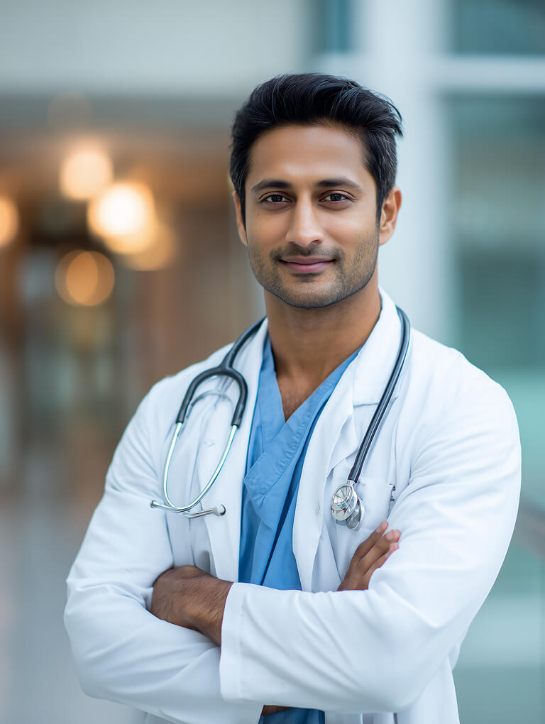 Confident male doctor in hospital setting with stethoscope