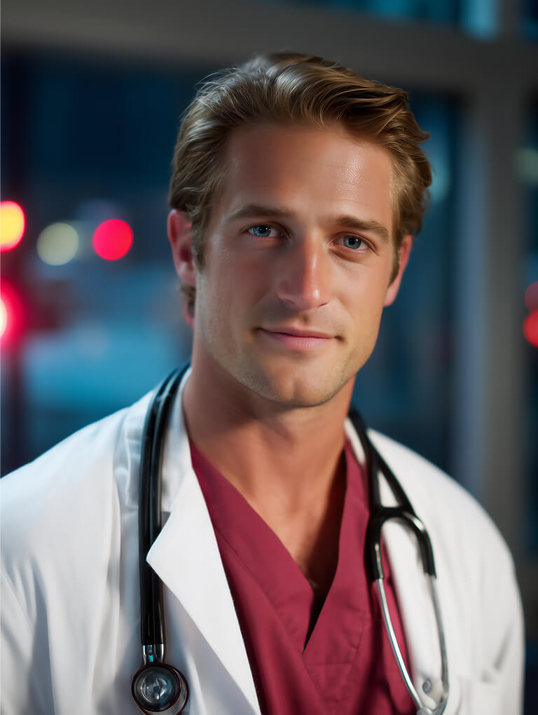Confident male doctor in red scrubs and white lab coat