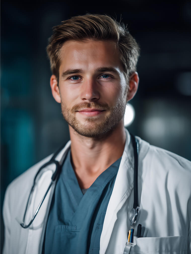 Confident young doctor portrait in white coat and blue scrubs