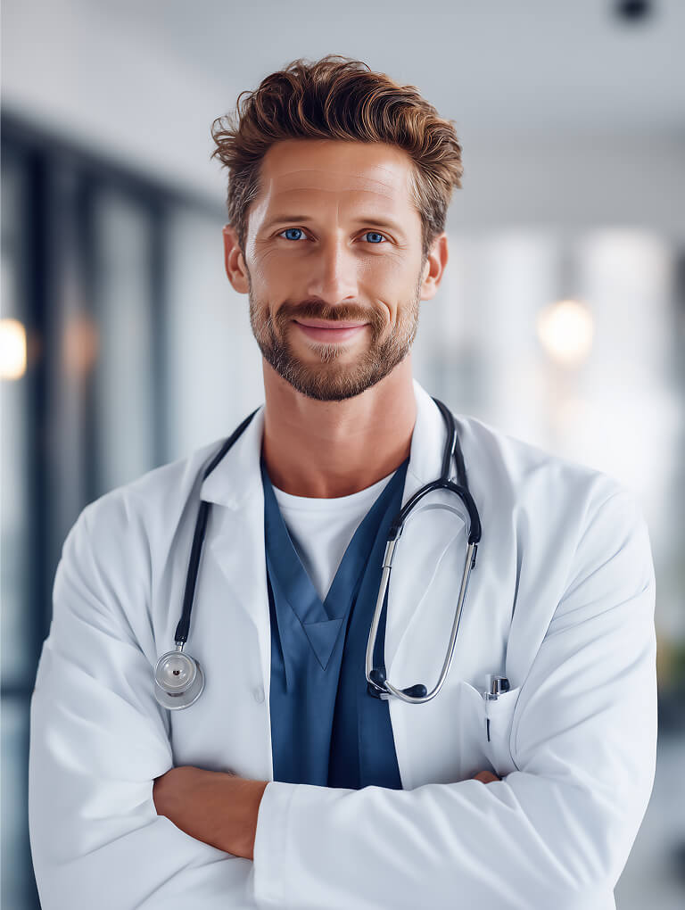 Friendly male doctor portrait in white coat with stethoscope