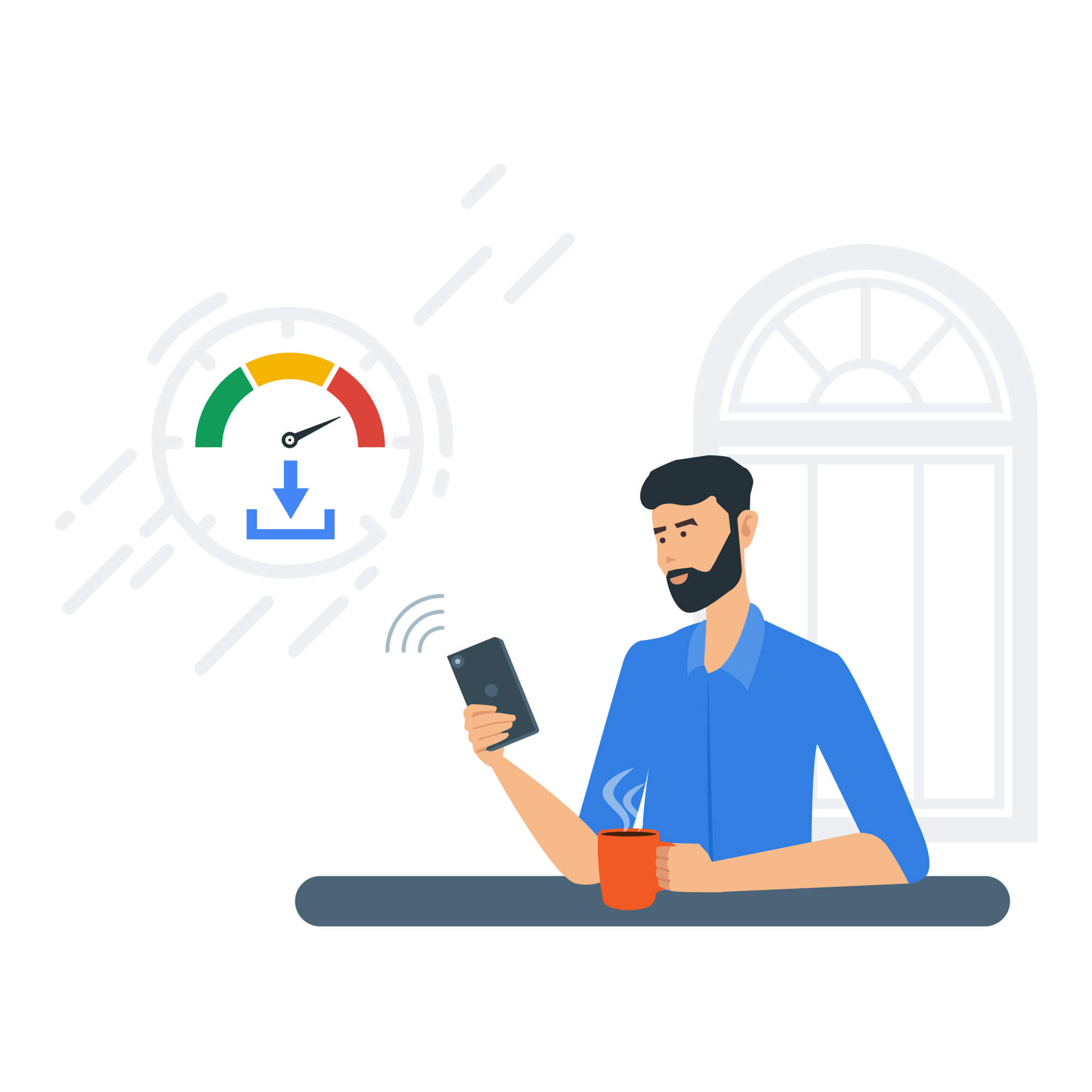 Internet speed check process by a man illustration