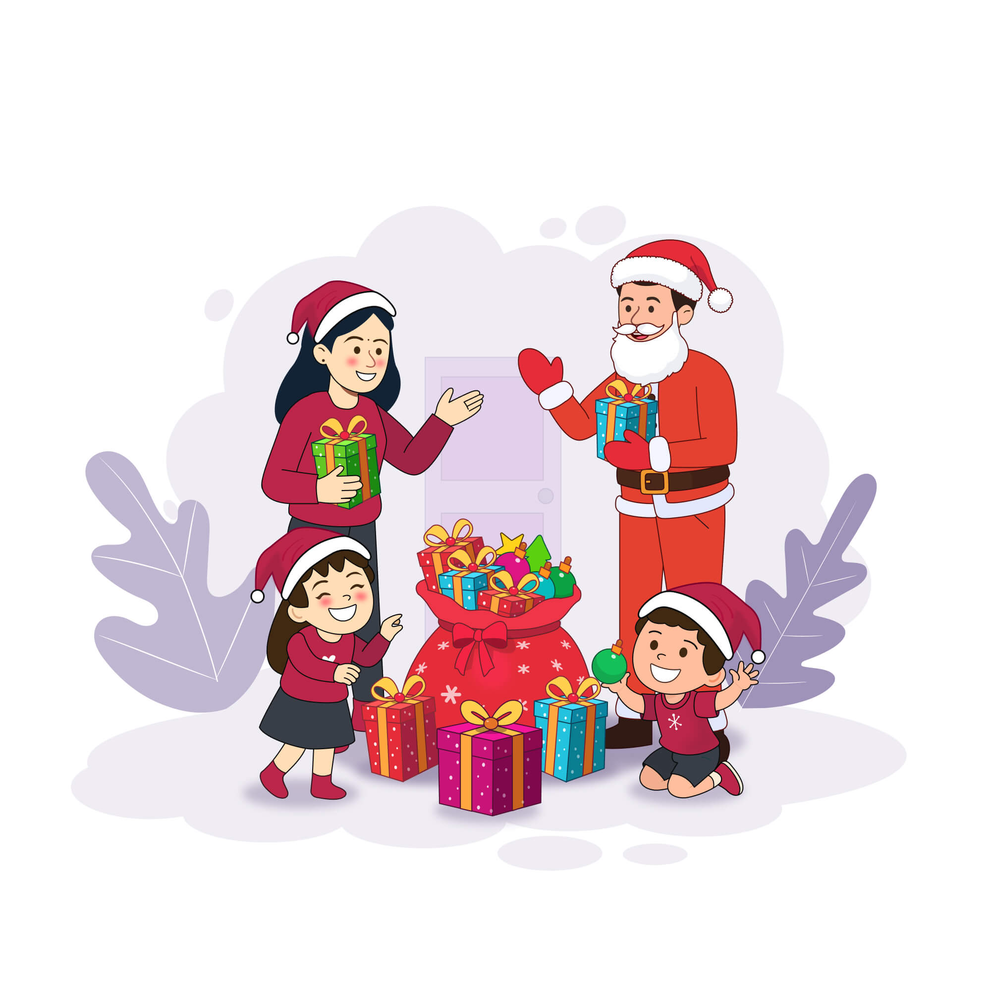 Joyful Family Christmas Gift Giving Illustration