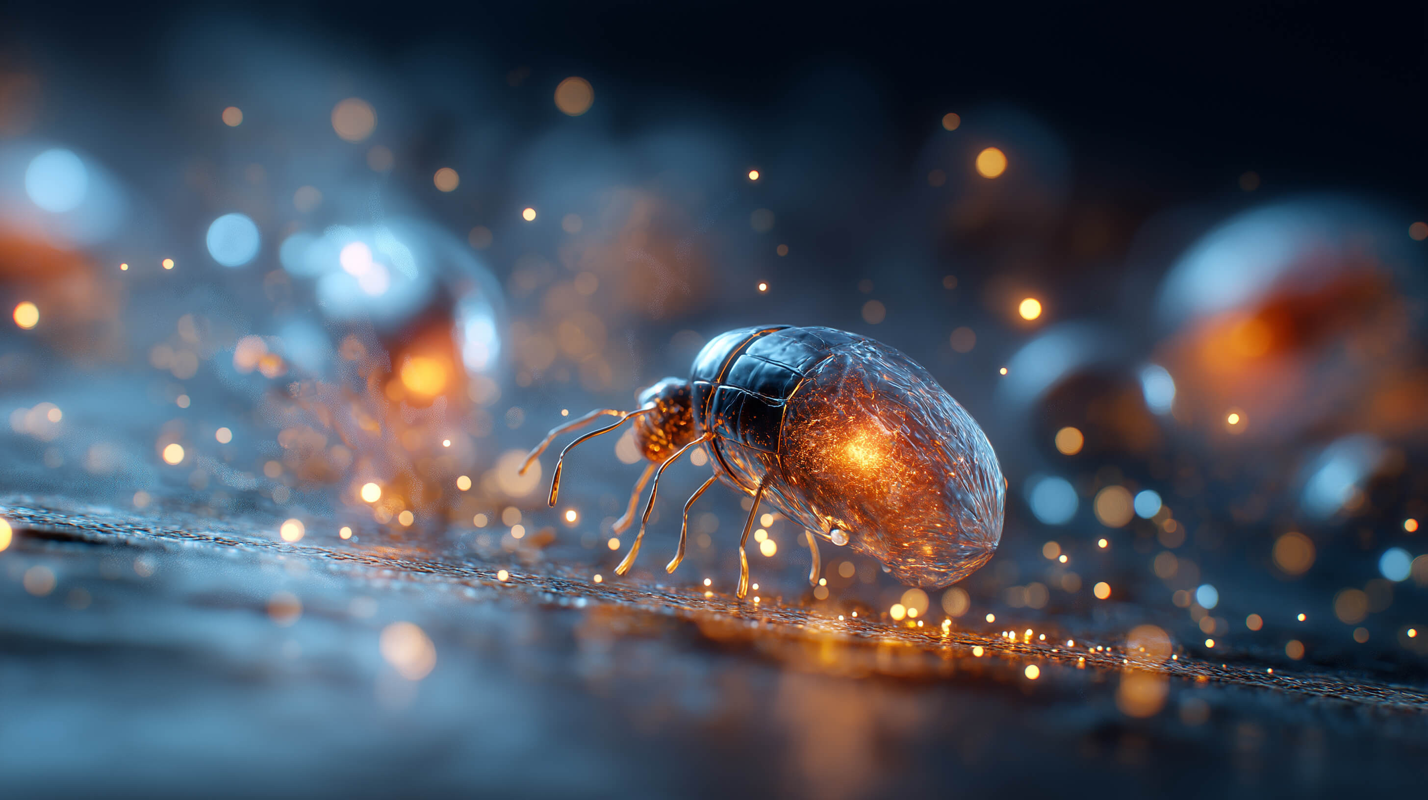 Luminous beetle amidst fiery particles and mystical glow