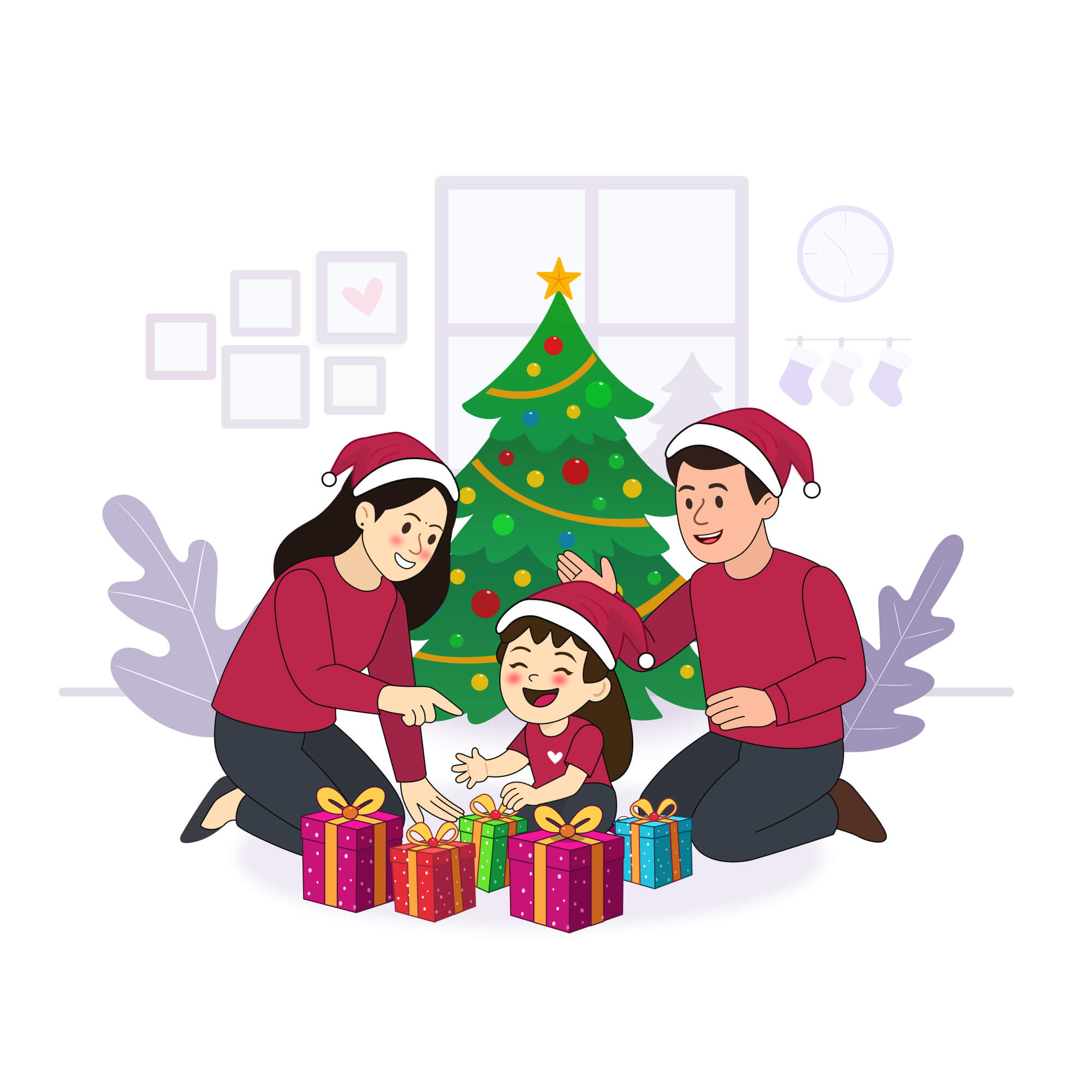 Parents and Kids Wrapping Christmas Gifts at Home Illustration