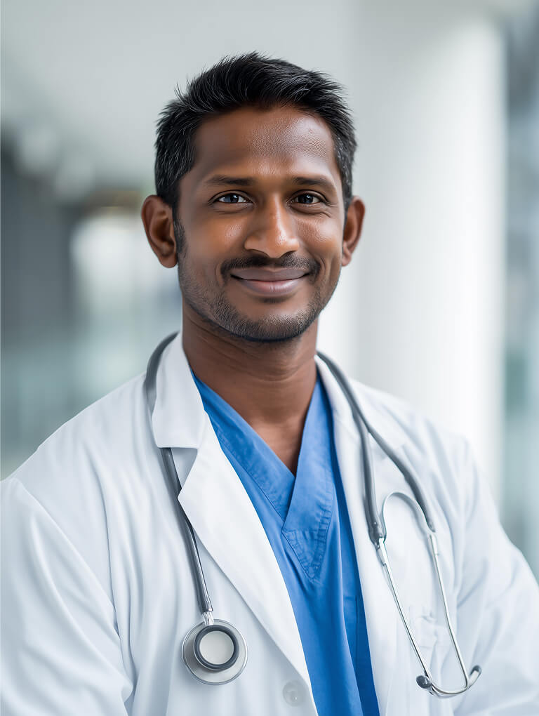Smiling male doctor in white coat and scrubs