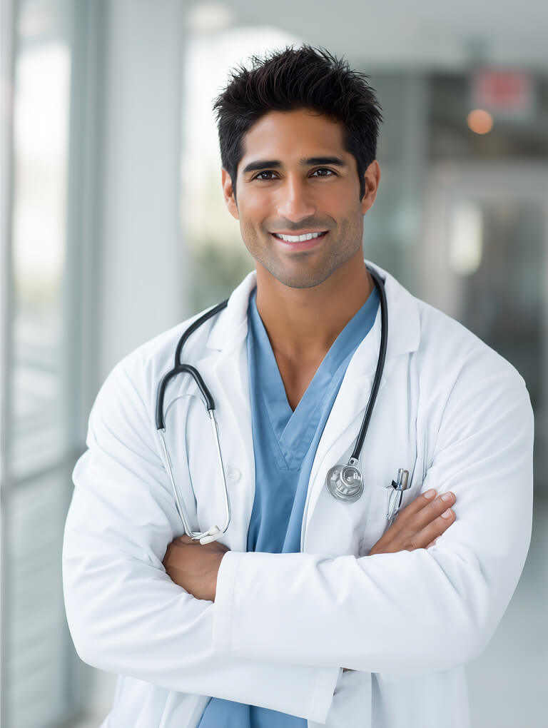 Smiling male doctor portrait in lab coat with stethoscope