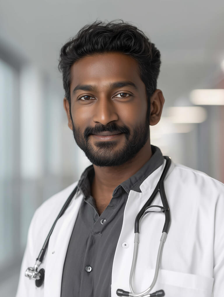 Smiling male doctor standing in hospital corridor