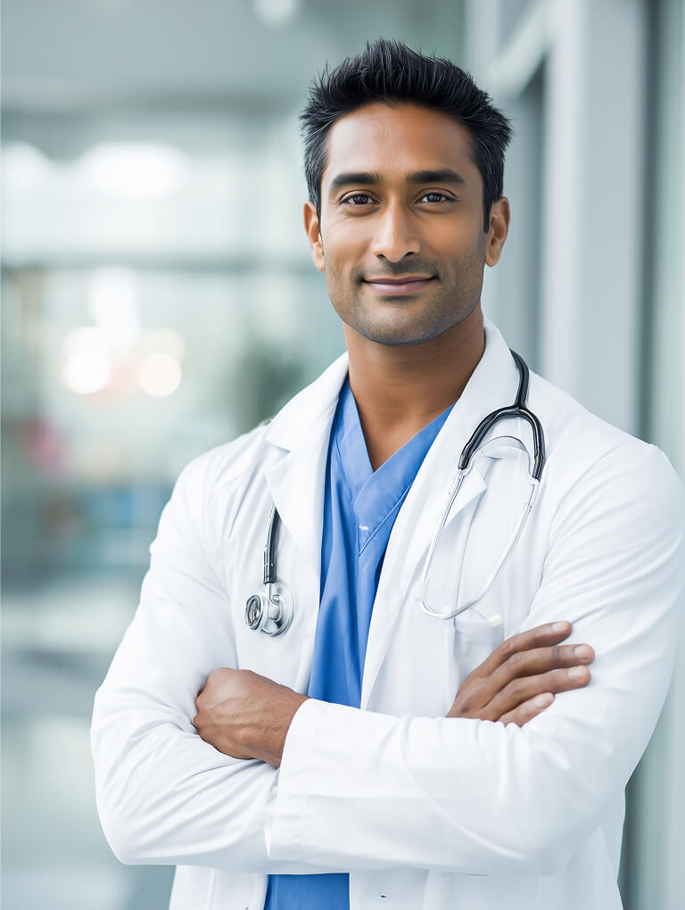 Smiling south asian male doctor in medical uniform