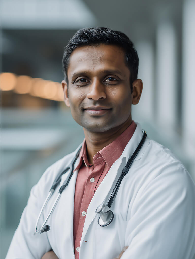 Smiling south indian male doctor in white coat with stethoscope
